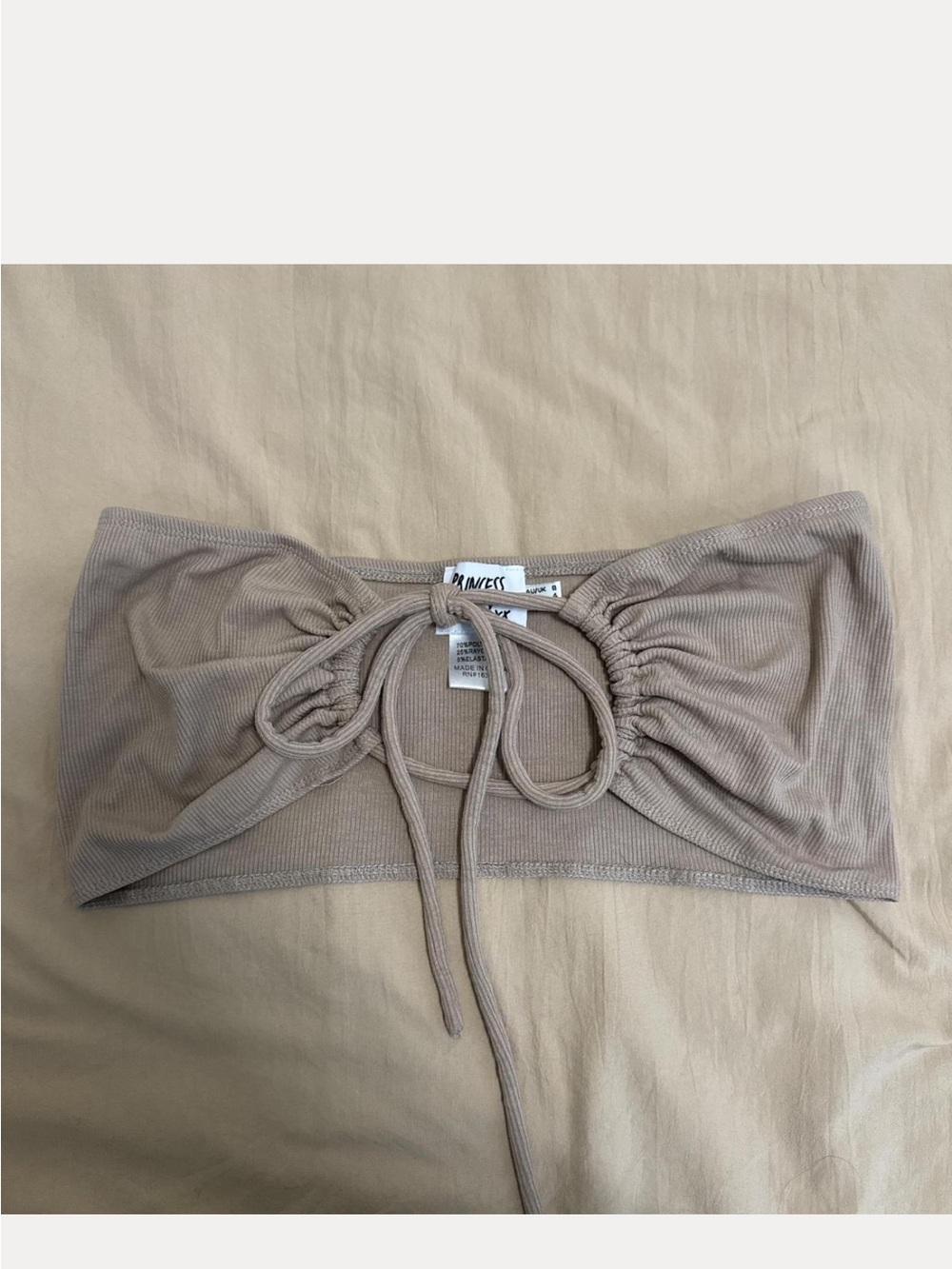 Beige Ruched Tie-Front Bandeau Top